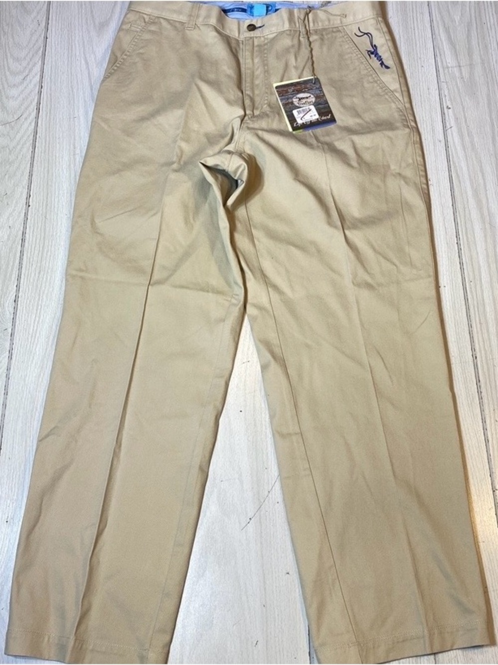 True Flies  Pants Mens 32X32 Khaki Straight Leg Flat Front Embroidered Logo NWT!